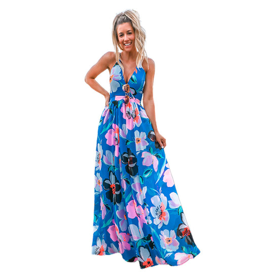 Damen Maxi-Kleid mit tiefem V-Ausschnitt und floralen Details EB
