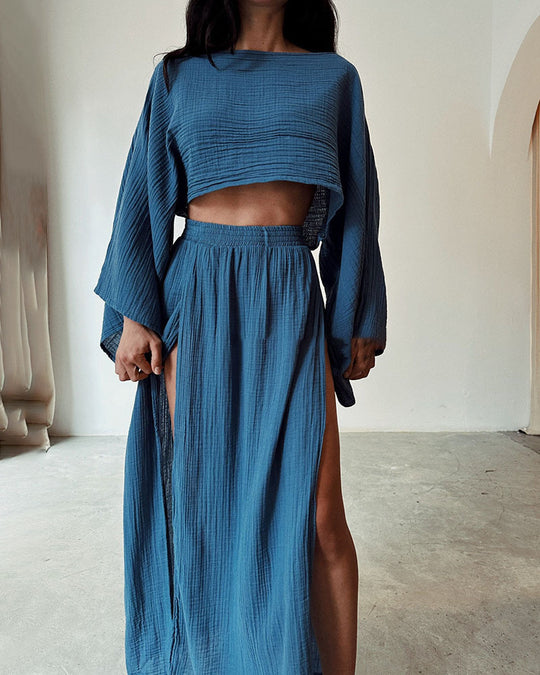 Damen luftiges Set aus cropped Oberteil und hoch geschnittenem Rock EB