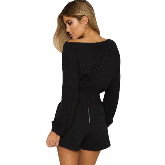 Damen trendiger Strickpullover mit dekorativer Schnürung EB