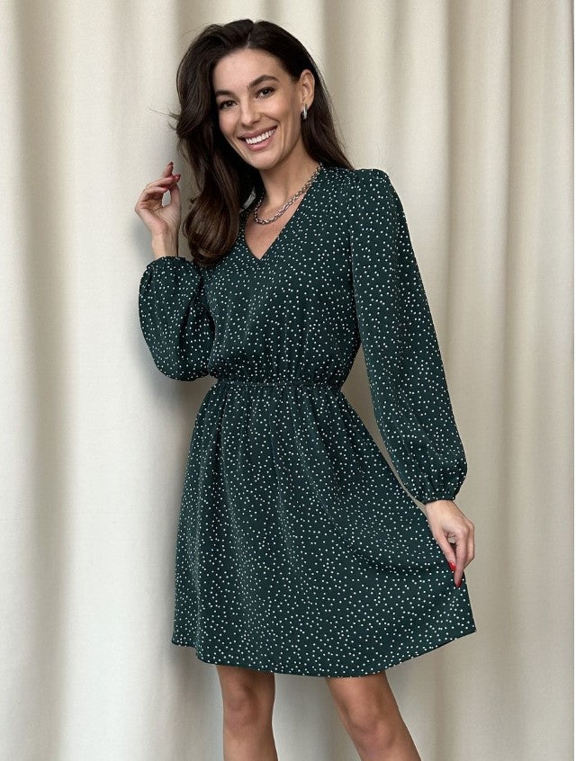 Damen Freizeitkleid mit V-Ausschnitt und Puffärmeln EB