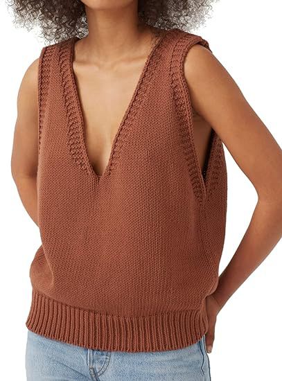 Damen lässiger Strickpullover ohne Ärmel mit tiefem V-Ausschnitt EB
