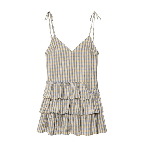 Damen luftiges V-Ausschnitt Sommerkleid mit Rüschen und verstellbaren Trägern EB