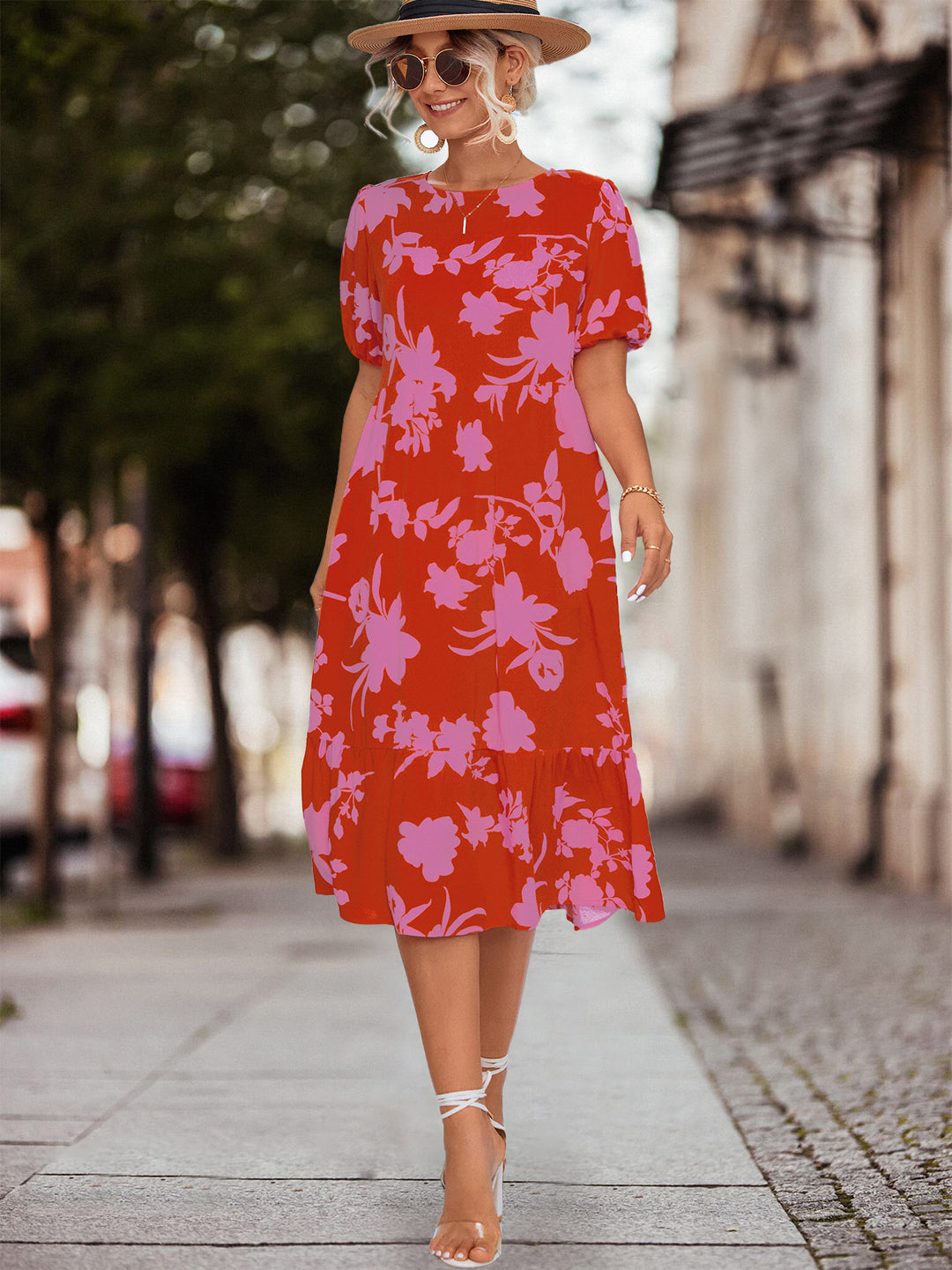 Damen Fließendes Maxikleid mit floralem Design und voluminösen Ärmeln EB