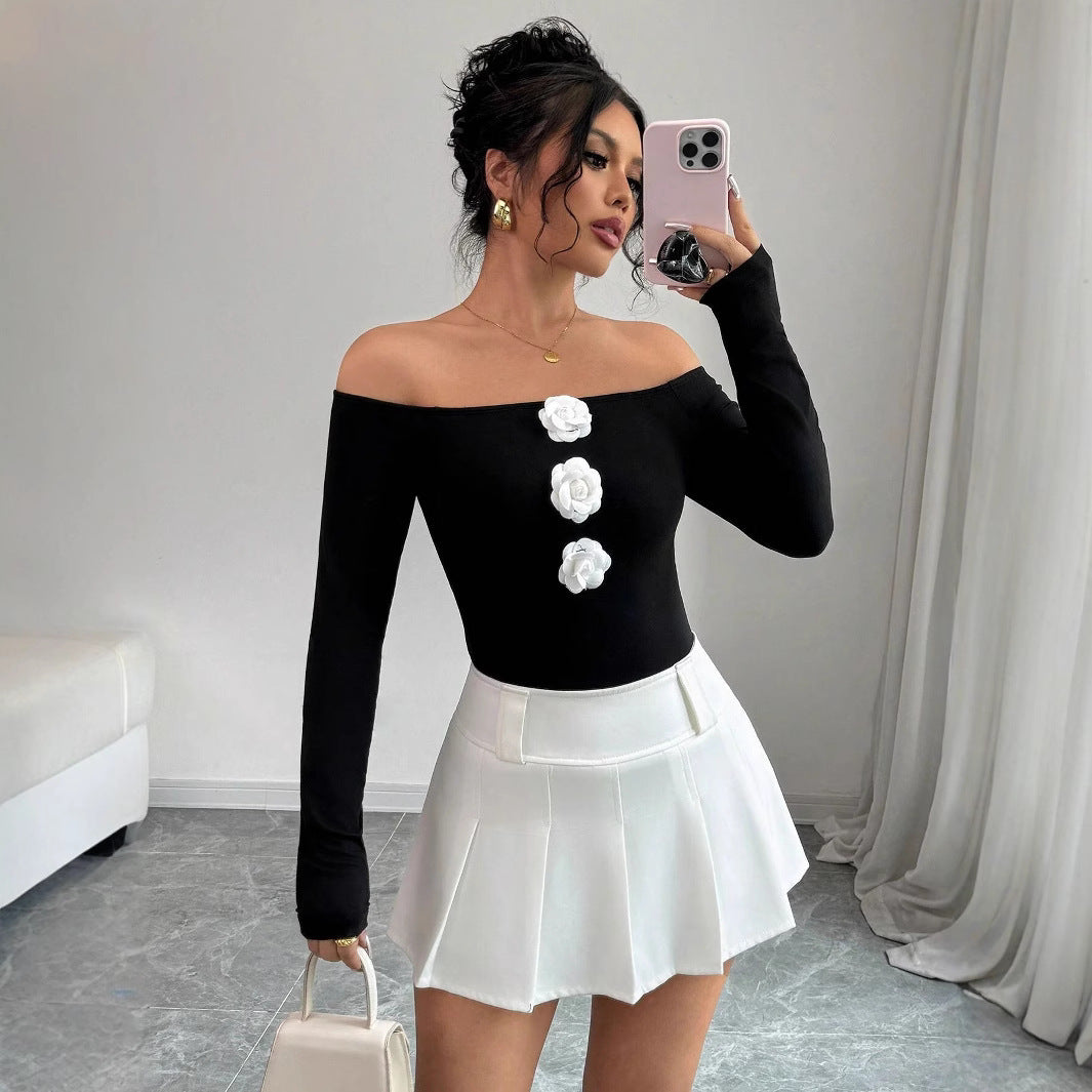 Damen Off-Shoulder Shirt mit dreidimensionalen Rosenapplikationen EB