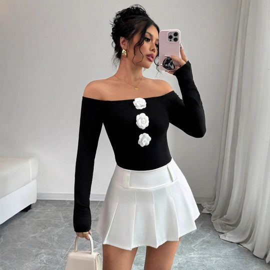 Damen Off-Shoulder Shirt mit dreidimensionalen Rosenapplikationen EB