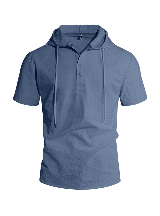 Herren nan kurzärmeliges Kapuzen-Henley aus Slub-Baumwolle mit verdeckter Knopfleiste und Kordelzug EB