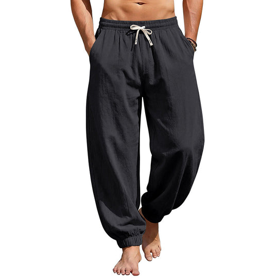 Herren Weite Leinenoptik-Strandhose mit Kordelzug, elastischem Bund und gerafften Beinabschlüssen EB