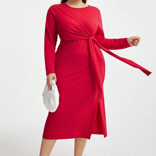 Damen Langarm Kleid mit eleganten Knotendetails und seitlichem Schlitz EB