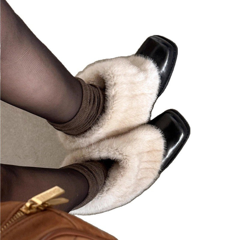 Damen Elegante Stiefeletten mit luxuriösem Kunstfellkragen und bequemem Blockabsatz EB