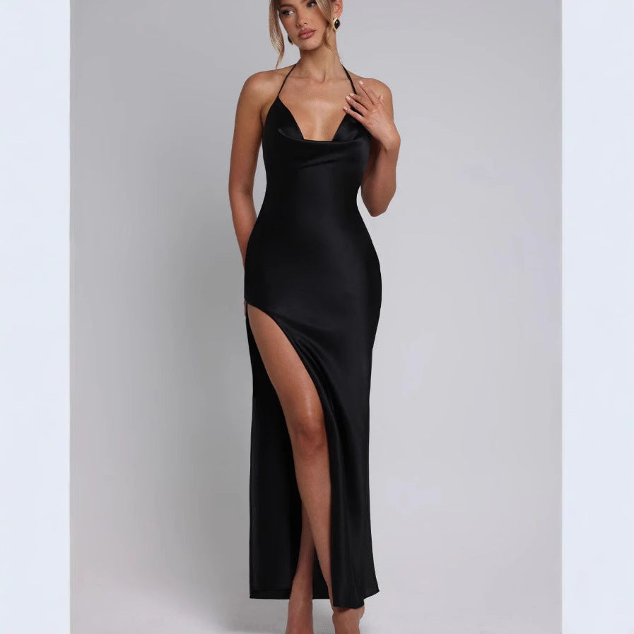 Damen Satin-Maxikleid mit tiefem Schlitz und Halterneck EB