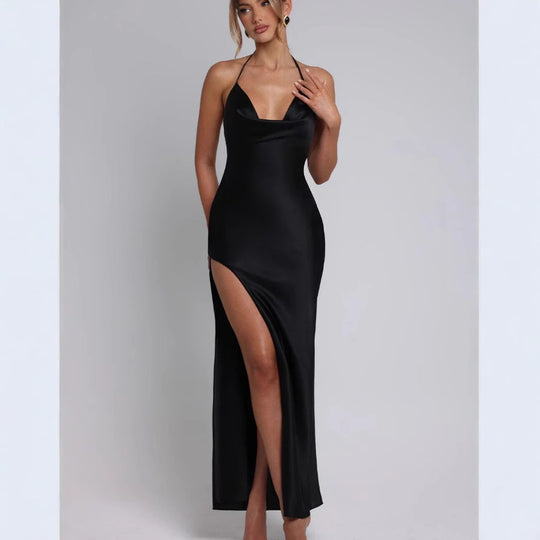 Damen Satin-Maxikleid mit tiefem Schlitz und Halterneck EB