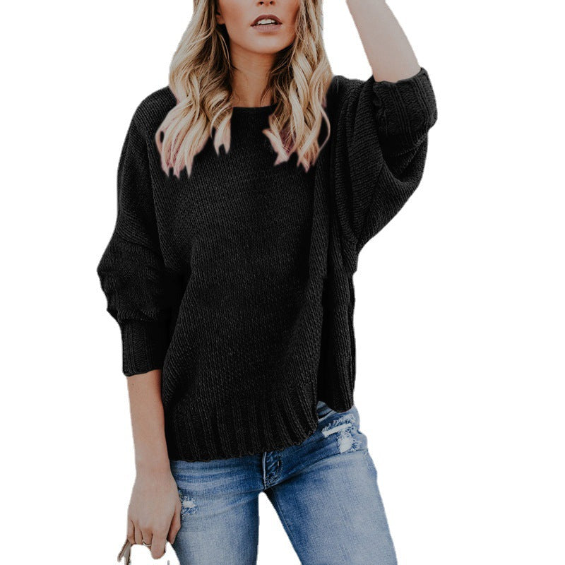 Damen lässiger Strickpullover mit tiefem V-Ausschnitt und ballonen Ärmeln EB