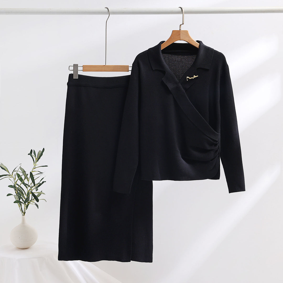 Damen elegantes Strickensemble mit Wickeloberteil und raffinierter hoher Taillierung EB