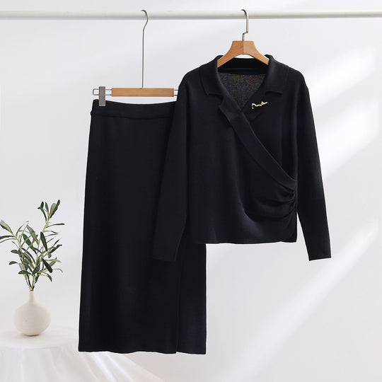Damen elegantes Strickensemble mit Wickeloberteil und raffinierter hoher Taillierung EB