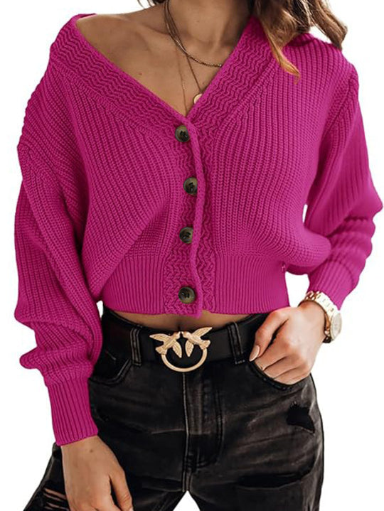 Damen lässiger Strickpullover mit tiefem V-Ausschnitt und Knopfdetails EB