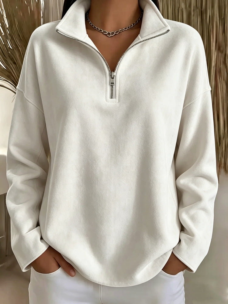 Damen Kuscheliger Oversize-Fleecepullover mit halbem Reißverschluss und Stehkragen EB