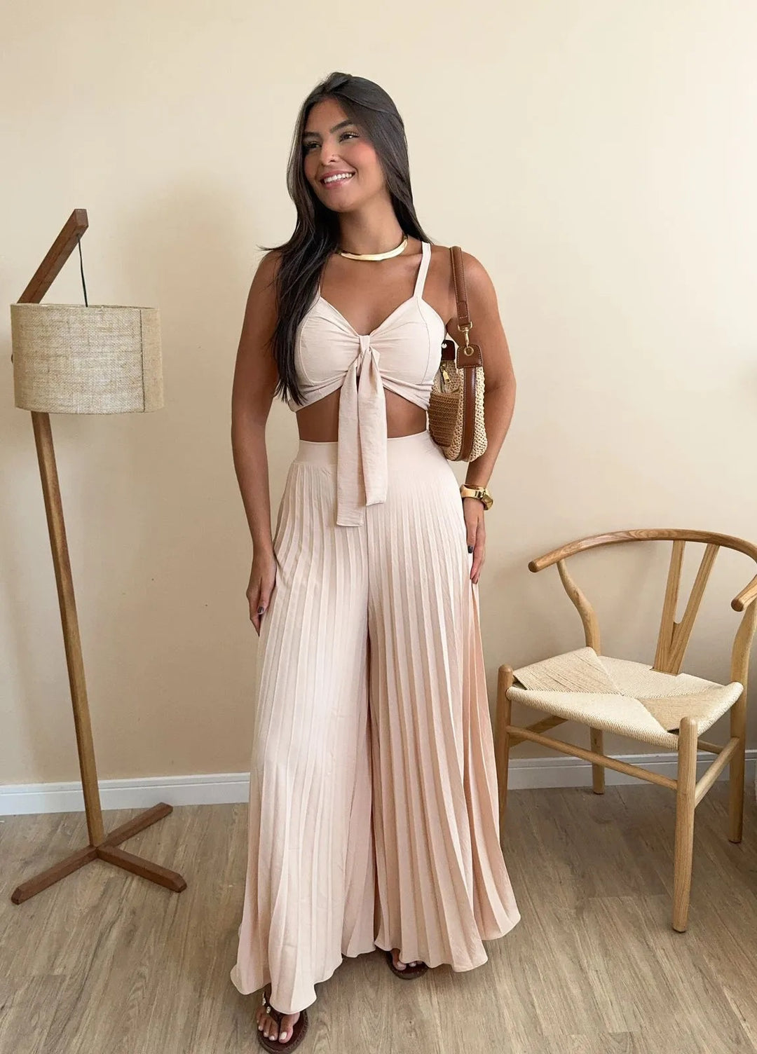 Damen Plissierte weite Hose mit Bindegürtel EB