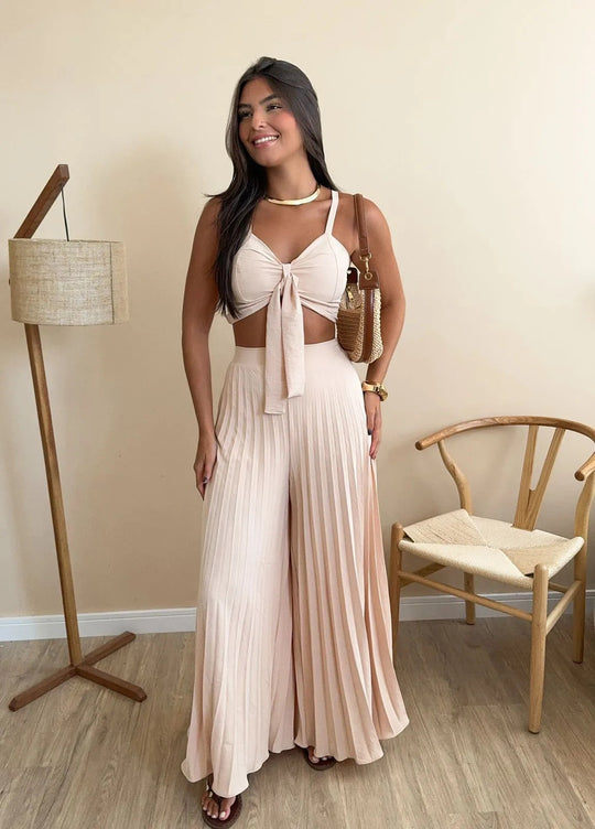 Damen Plissierte weite Hose mit Bindegürtel EB