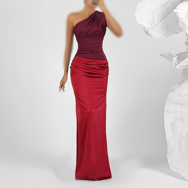 Damen elegantes Maxikleid mit asymmetrischem Oberteil und fließendem Saum EB