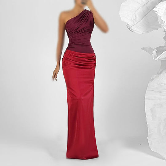 Damen elegantes Maxikleid mit asymmetrischem Oberteil und fließendem Saum EB