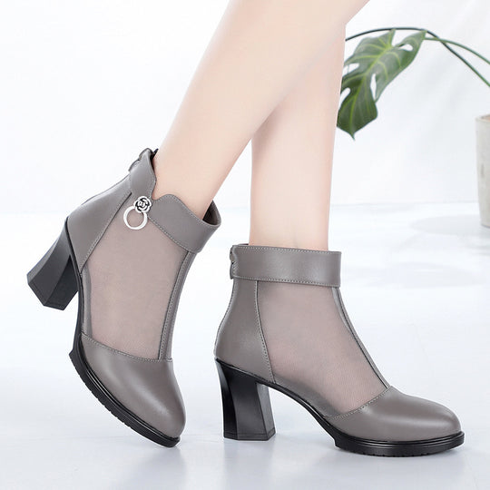 Damen Stiefeletten mit transparentem Mesh-Einsatz und elegantem Blockabsatz EB
