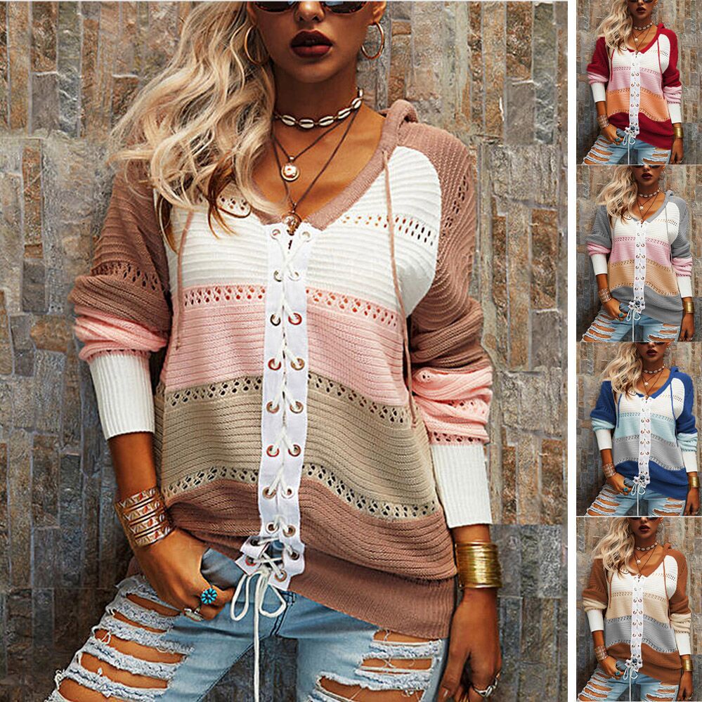 Damen Grobstrick Pullover mit Kapuze und modischem Linienmuster EB