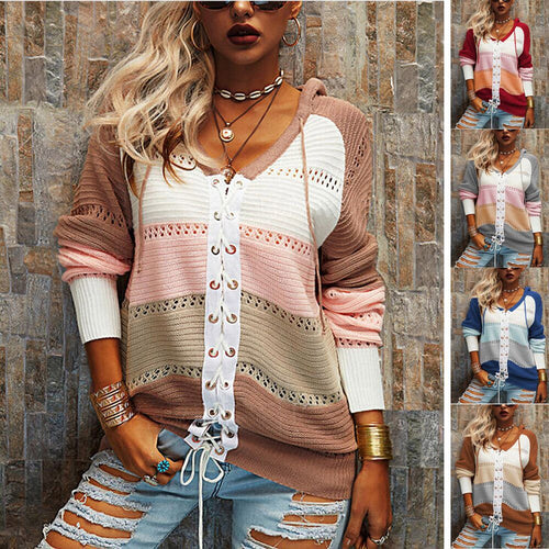 Damen Grobstrick Pullover mit Kapuze und modischem Linienmuster EB