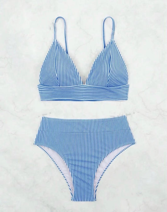 Damen Hochgeschnittener Bikini mit elegantem Streifenmuster EB