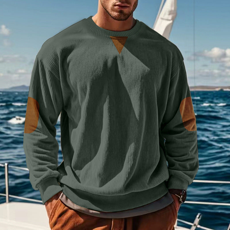 Herren nan gerippter Strickpullover mit Rundhalsausschnitt Ellbogen-Patches und Zierdreieck EB