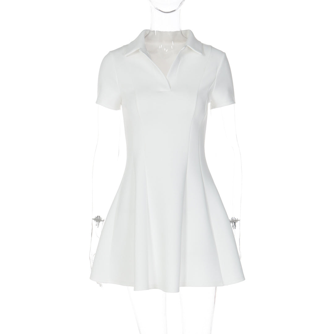Damen Kurzarm Kleid mit modischem Polokragen und fließendem Schnitt EB