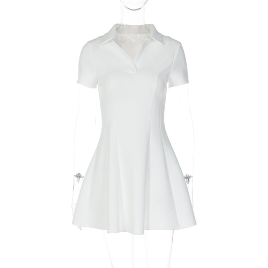 Damen Kurzarm Kleid mit modischem Polokragen und fließendem Schnitt EB
