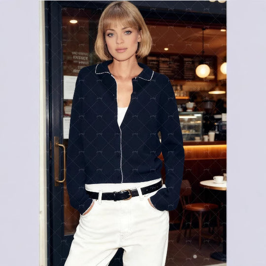 Damen Strickjacke mit eleganter Bubikragen und feinen Knopfdetails EB