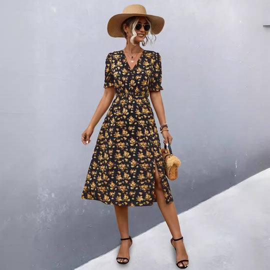 Damen midi Kleid mit floralen Mustern und seitlichem Schlitz EB