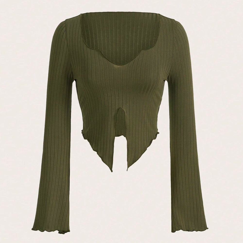 Damen fein geripptes Cropped-Longsleeve mit asymmetrischem Wellensaum und Cut-Out Eichborn Berlin