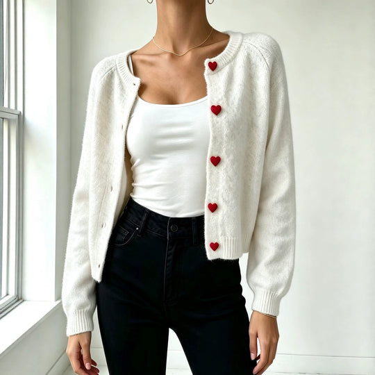 Damen Strickcardigan mit herzförmigen Zierknöpfen und weicher Mohair-Optik EB