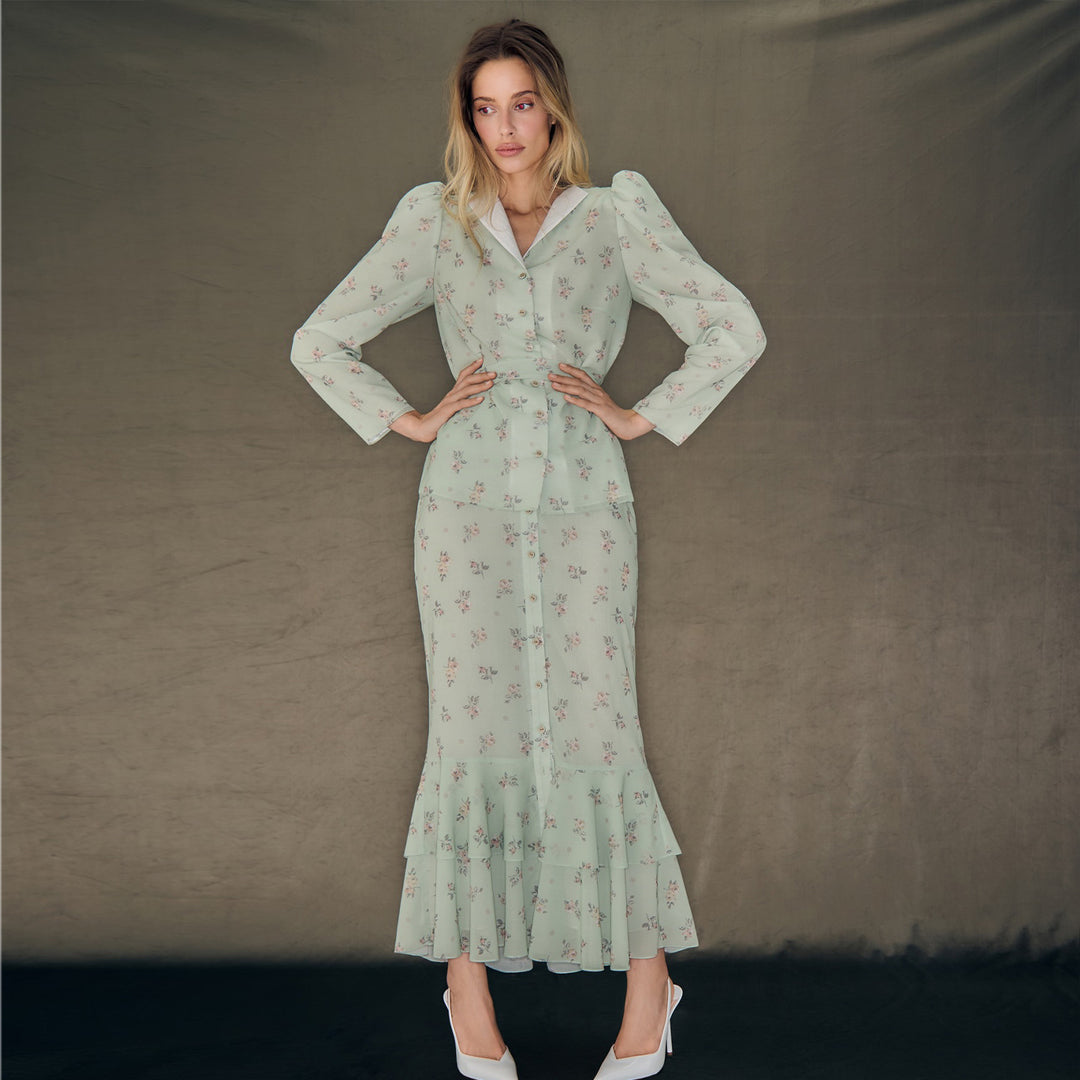 Damen Blütenmuster Maxikleid mit Puffärmeln EB