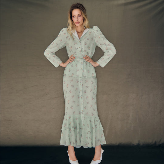 Damen Blütenmuster Maxikleid mit Puffärmeln EB