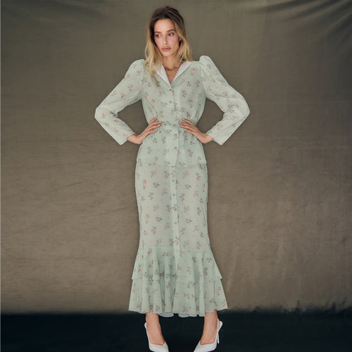 Damen Blütenmuster Maxikleid mit Puffärmeln EB