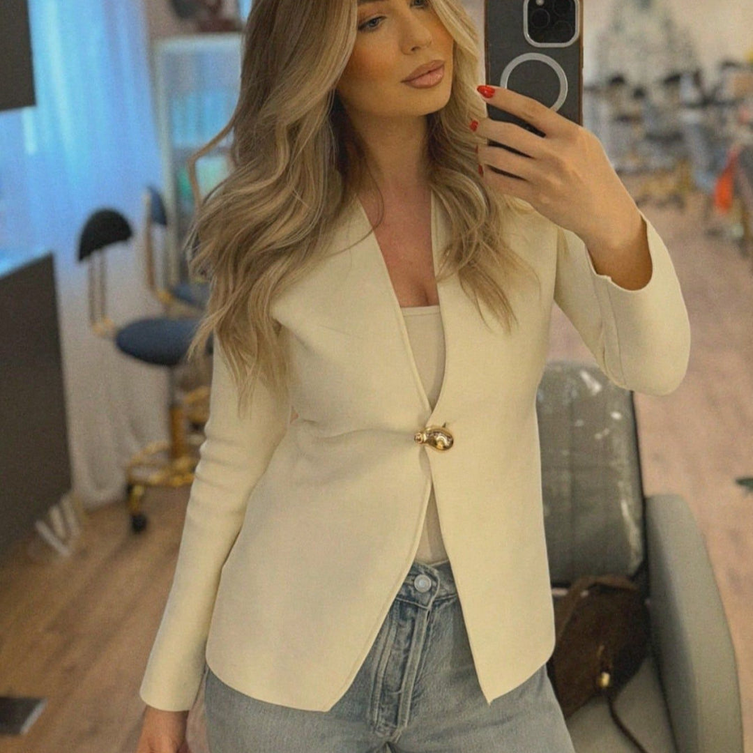 Damen elegante Blazerjacke mit asymmetrischem Schnitt und auffälligem Knopf EB