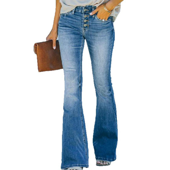 Damen Hochtaillierte Flared Jeans mit Knopfdetail EB