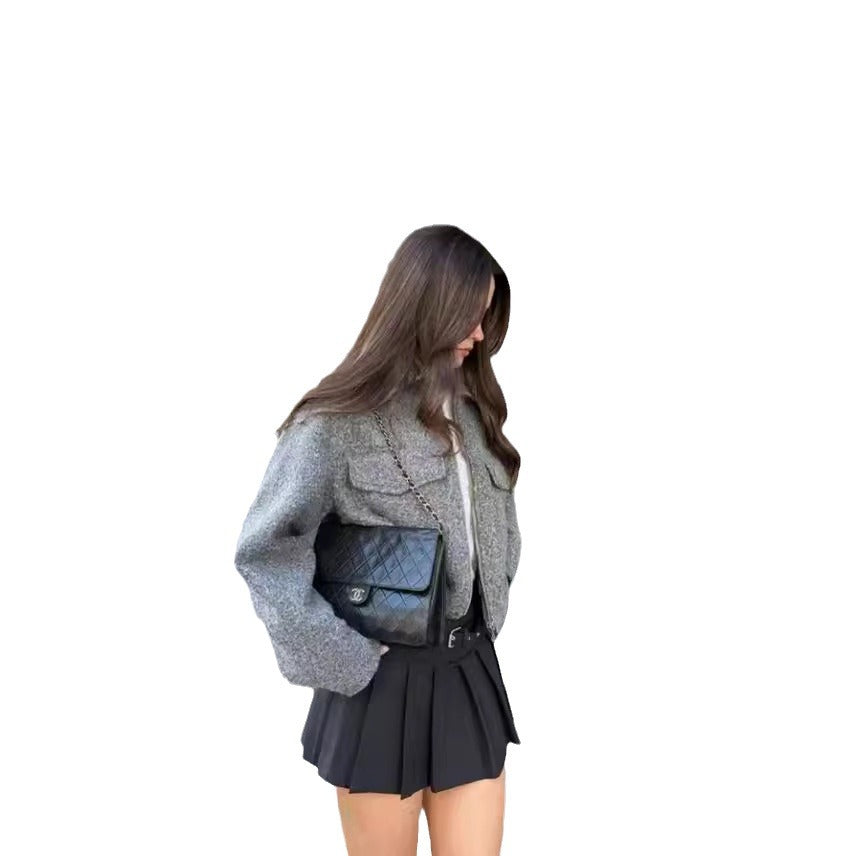 Damen cropped Winterjacke mit klassischem Kragen und Brusttaschen EB