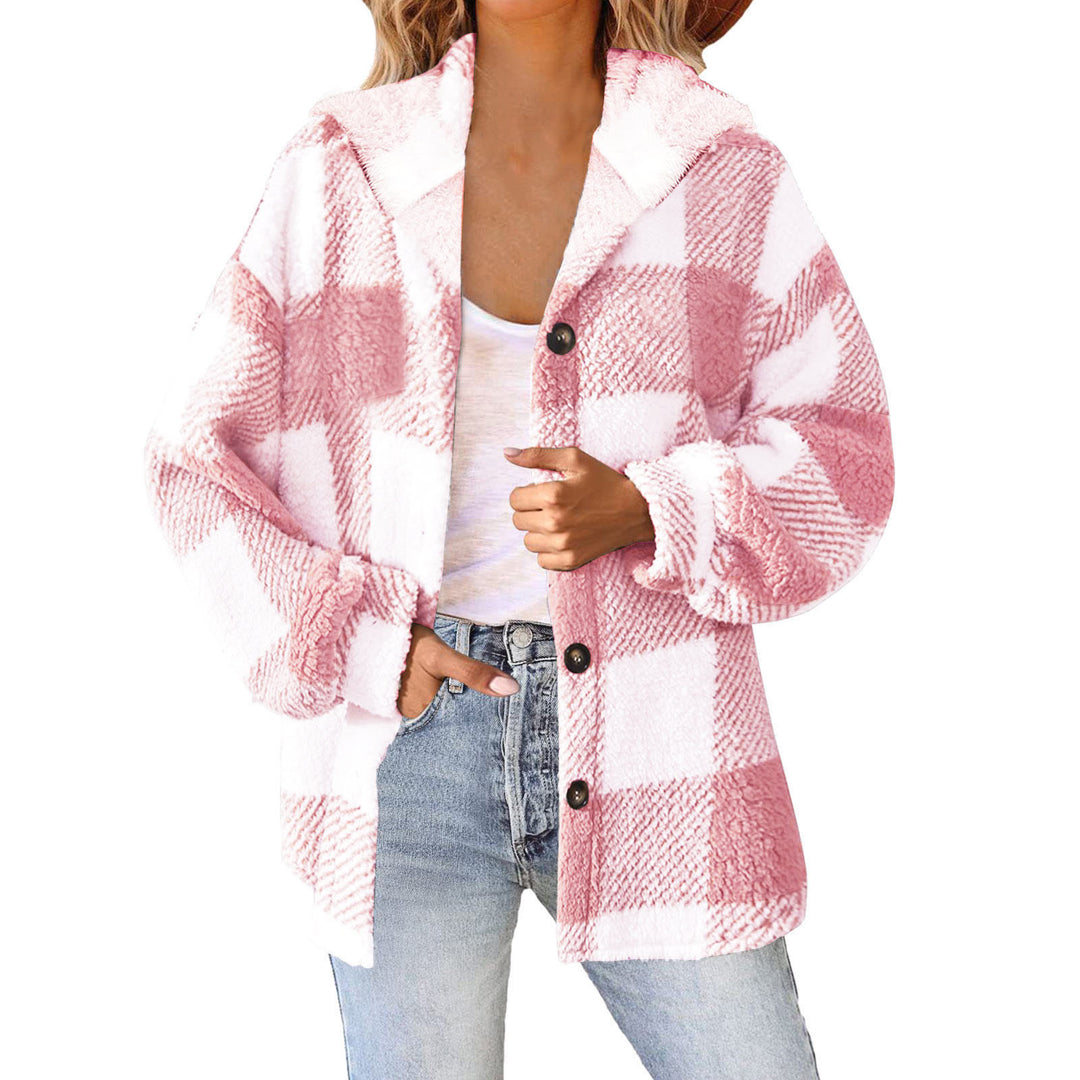 Damen nan kuschelige karierte Teddyjacke mit Kapuze, Knopfverschluss und oversized Schnitt EB