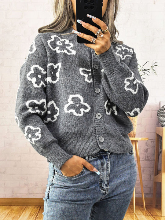 Damen gemütliche Strickjacke mit floralem Muster und Knopfverschluss EB