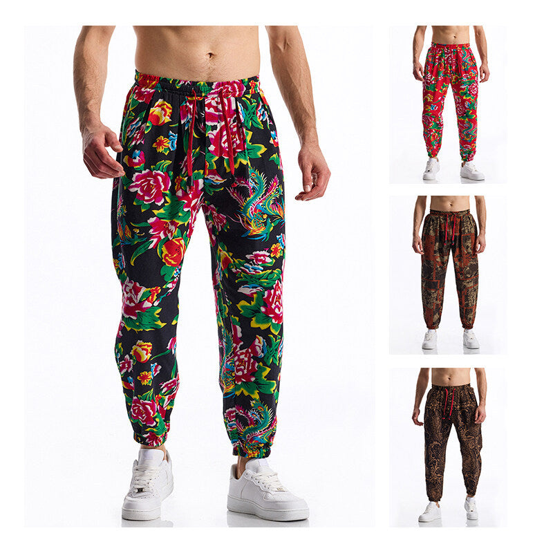 Herren lässige Haremshose mit buntem Blumenmuster und Gummizug EB