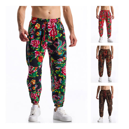 Herren lässige Haremshose mit buntem Blumenmuster und Gummizug EB