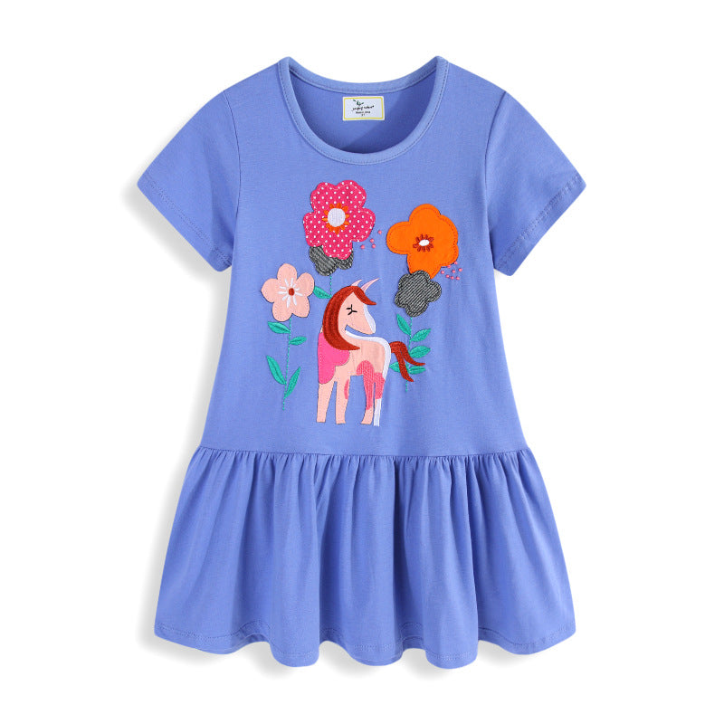 Mädchen Baumwoll-Kleid mit handgestickter Einhorn-Applikation EB