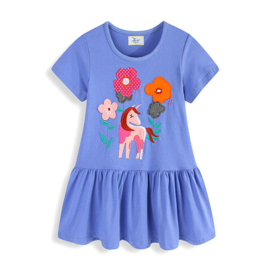 Mädchen Baumwoll-Kleid mit handgestickter Einhorn-Applikation EB