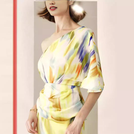 Damen One-Shoulder Kleid mit asymmetrischem Saum und fließendem Schnitt EB