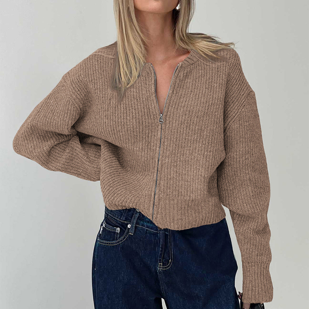 Damen nan kurzes Zip-Strickoberteil mit geripptem Saum, überschnittener Schulter und weichem Wollmix EB