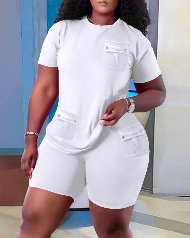 Damen Sportliches Oberteil und Shorts Set mit praktischen Taschen EB